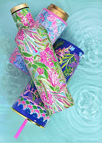 Lilly Pulitzer Slim Can Cooler, Double Wall Stainless Steel, Insulated Drink Sleeve for 12 Oz Skinny Bottles and Seltzers, Splendor in the Sand