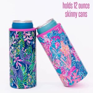 Lilly Pulitzer Slim Can Cooler, Double Wall Stainless Steel, Insulated Drink Sleeve for 12 Oz Skinny Bottles and Seltzers, Splendor in the Sand