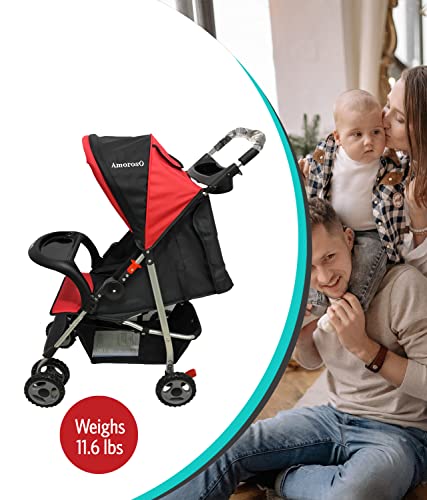 AmorosO Single Stroller - Baby Stroller with Four Wheels - Lightweight Stroller - Convertible Stroller with Extra Storage Space - Foldable Stroller with Sun Protection Hood Cover Red