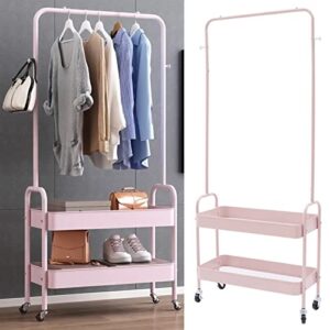 2-tiers clothes rack freestanding clothing garment rack with metal basket rolling storage clothes shelves portable organizer coat rack for entryway home bedroom laundry small place (pink)