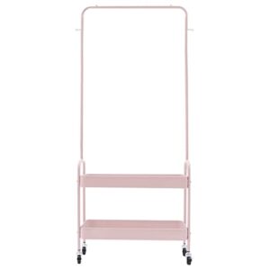 2-Tiers Clothes Rack Freestanding Clothing Garment Rack with Metal Basket Rolling Storage Clothes Shelves Portable Organizer Coat Rack for Entryway Home Bedroom Laundry Small Place (Pink)