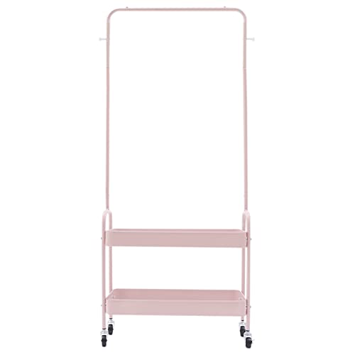 2-Tiers Clothes Rack Freestanding Clothing Garment Rack with Metal Basket Rolling Storage Clothes Shelves Portable Organizer Coat Rack for Entryway Home Bedroom Laundry Small Place (Pink)