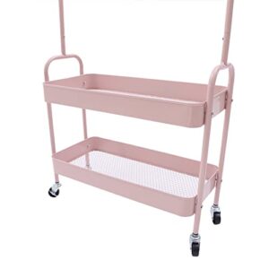 2-Tiers Clothes Rack Freestanding Clothing Garment Rack with Metal Basket Rolling Storage Clothes Shelves Portable Organizer Coat Rack for Entryway Home Bedroom Laundry Small Place (Pink)