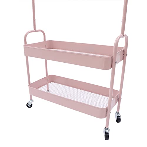 2-Tiers Clothes Rack Freestanding Clothing Garment Rack with Metal Basket Rolling Storage Clothes Shelves Portable Organizer Coat Rack for Entryway Home Bedroom Laundry Small Place (Pink)