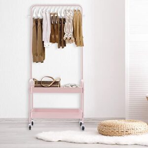 2-Tiers Clothes Rack Freestanding Clothing Garment Rack with Metal Basket Rolling Storage Clothes Shelves Portable Organizer Coat Rack for Entryway Home Bedroom Laundry Small Place (Pink)