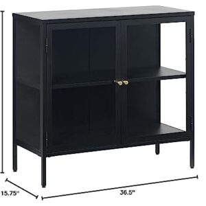 Modern Dover 2-Section Sideboard with Tempered Glass Doors, Steel Frame, Adjustable Height Feet, Freestanding for Home Office, Living Room, ‎Bathroom, Nursery, Bedroom, 15.75x36.5x33.5 in., Black/Gold