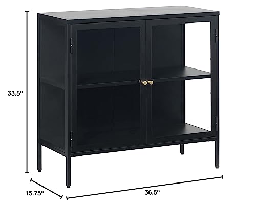 Modern Dover 2-Section Sideboard with Tempered Glass Doors, Steel Frame, Adjustable Height Feet, Freestanding for Home Office, Living Room, ‎Bathroom, Nursery, Bedroom, 15.75x36.5x33.5 in., Black/Gold