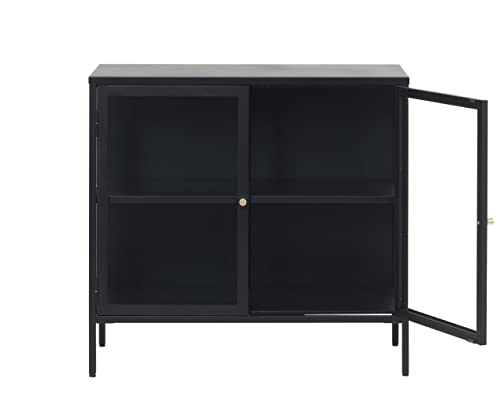 Modern Dover 2-Section Sideboard with Tempered Glass Doors, Steel Frame, Adjustable Height Feet, Freestanding for Home Office, Living Room, ‎Bathroom, Nursery, Bedroom, 15.75x36.5x33.5 in., Black/Gold