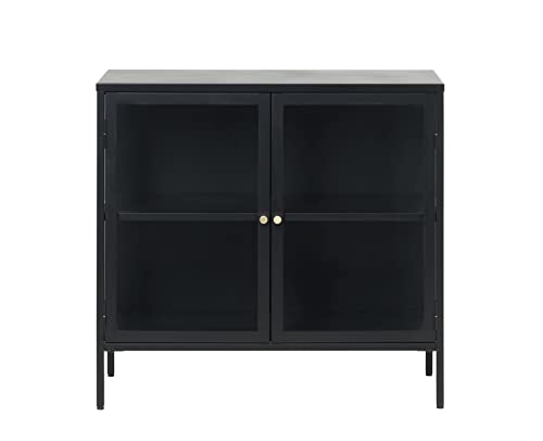 Modern Dover 2-Section Sideboard with Tempered Glass Doors, Steel Frame, Adjustable Height Feet, Freestanding for Home Office, Living Room, ‎Bathroom, Nursery, Bedroom, 15.75x36.5x33.5 in., Black/Gold