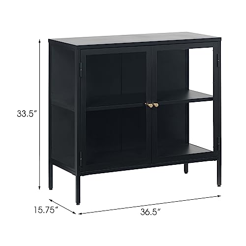 Modern Dover 2-Section Sideboard with Tempered Glass Doors, Steel Frame, Adjustable Height Feet, Freestanding for Home Office, Living Room, ‎Bathroom, Nursery, Bedroom, 15.75x36.5x33.5 in., Black/Gold