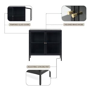 Modern Dover 2-Section Sideboard with Tempered Glass Doors, Steel Frame, Adjustable Height Feet, Freestanding for Home Office, Living Room, ‎Bathroom, Nursery, Bedroom, 15.75x36.5x33.5 in., Black/Gold