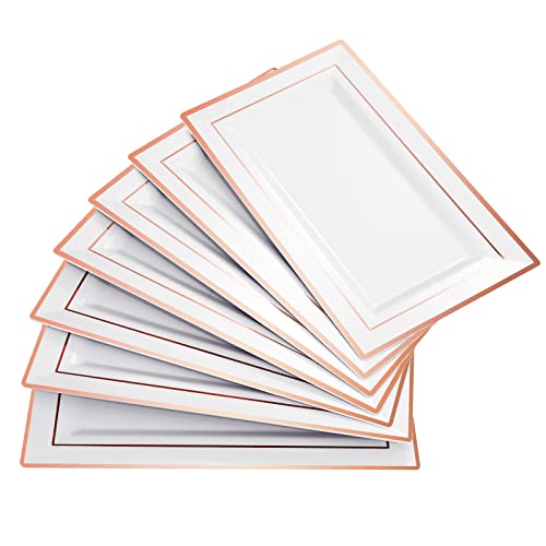 SUT 12 Pack White Plastic Serving Trays with Rose Gold Rim, 13 X 8 inch Rectangle Food Trays, Disposable platters Cookie Serving Trays, Rose Gold Serving Tray Wedding and Disposable Trays for Parties