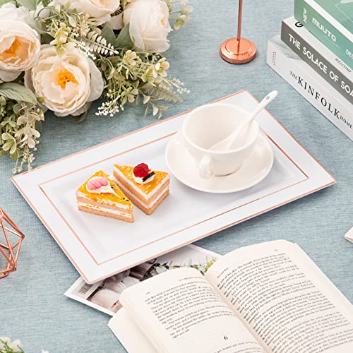 SUT 12 Pack White Plastic Serving Trays with Rose Gold Rim, 13 X 8 inch Rectangle Food Trays, Disposable platters Cookie Serving Trays, Rose Gold Serving Tray Wedding and Disposable Trays for Parties
