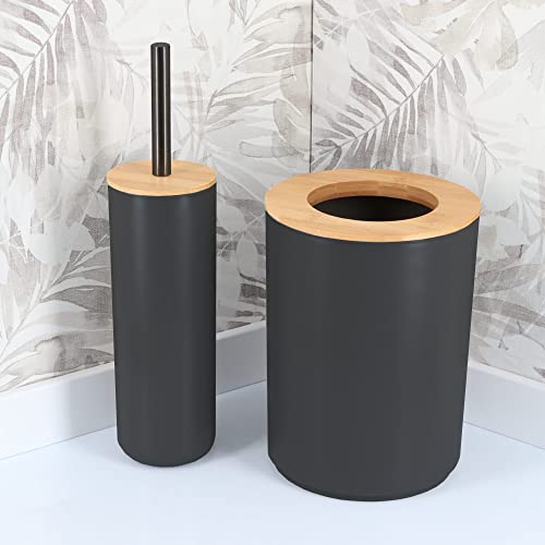 Evideco French Home Goods Black Bathroom Trash Can Padang Bamboo Top 1.3 Gal - Stylish and Sustainable 5L Waste Solution