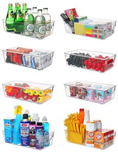 esarora plastic storage bin with lid and divider, clear shallow pantry organizer with handle for fridge, cabinet, kitchen, bedroom, closet, bathroom, office, pantry organization, 8 pack - 12.6 inch