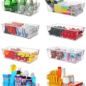 ESARORA Plastic Storage Bin with Lid and Divider, Clear Shallow Pantry Organizer with Handle for Fridge, Cabinet, Kitchen, Bedroom, Closet, Bathroom, Office, Pantry Organization, 8 Pack - 12.6 inch