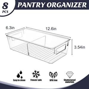 ESARORA Plastic Storage Bin with Lid and Divider, Clear Shallow Pantry Organizer with Handle for Fridge, Cabinet, Kitchen, Bedroom, Closet, Bathroom, Office, Pantry Organization, 8 Pack - 12.6 inch