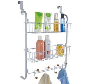 over door organizer wall mounted sturdy 2-tier bathroom storage baskets with 8pcs towel wood hooks decor pantry kitchen spice back hanging metal rack closet shelving organizers , 17.5" (w) x 25" (h)