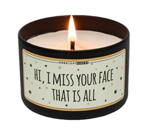 moonlight makers hi i miss your face that is all candle, beachwood scented handmade candle, natural soy wax candle, 25+ hour burn time, 8oz tin