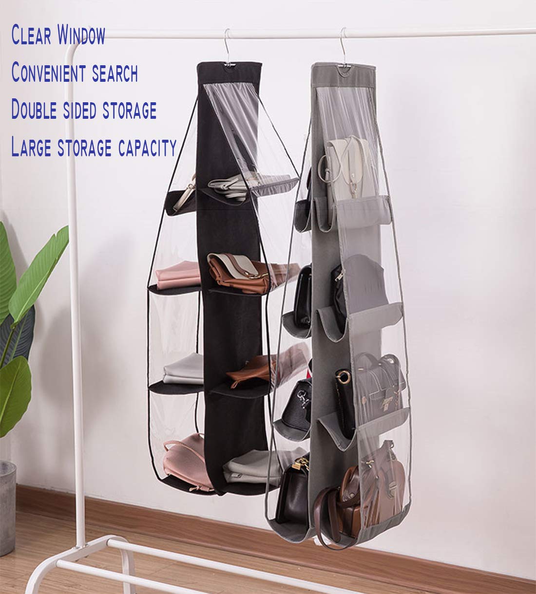 AARAINBOW 2 Packs Hanging Handbag Purse Organizer, Purse Bag Organizer Storage Hanging Bag Organizer for Closet Rack for Purses 8 Pockets Wardrobe Closet Space Saving, 41L*13.5W (B, 2 Black)