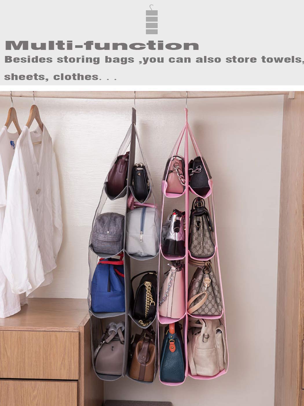 AARAINBOW 2 Packs Hanging Handbag Purse Organizer, Purse Bag Organizer Storage Hanging Bag Organizer for Closet Rack for Purses 8 Pockets Wardrobe Closet Space Saving, 41L*13.5W (B, 2 Black)