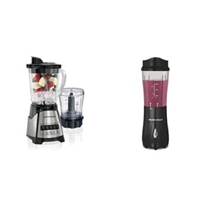 hamilton beach power elite blender with 40oz glass jar and 3-cup vegetable chopper, 12 functions & personal blender for shakes and smoothies with 14 oz travel cup and lid, black (51101av)