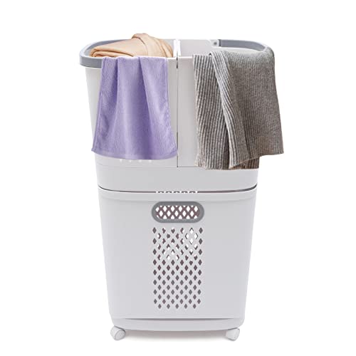 Laundry Basket with Wheels Movable Household Laundry Hamper 2 Tier Plastic Sorter Baskets Bathroom Clothes Storage Basket for Bathroom Bedroom Kitchen Organization 17x12x29Inches