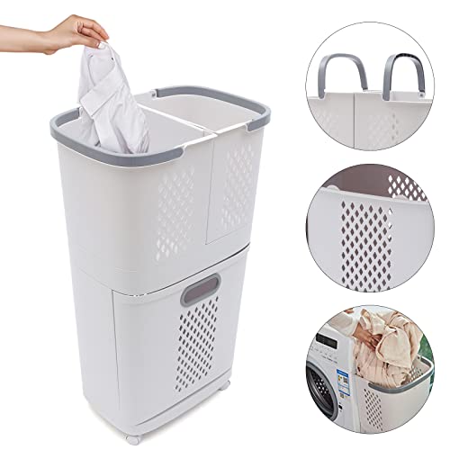 Laundry Basket with Wheels Movable Household Laundry Hamper 2 Tier Plastic Sorter Baskets Bathroom Clothes Storage Basket for Bathroom Bedroom Kitchen Organization 17x12x29Inches