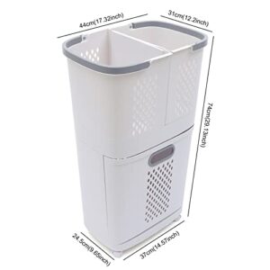 Laundry Basket with Wheels Movable Household Laundry Hamper 2 Tier Plastic Sorter Baskets Bathroom Clothes Storage Basket for Bathroom Bedroom Kitchen Organization 17x12x29Inches