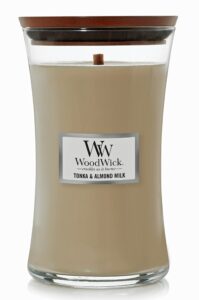 woodwick large hourglass candle, tonka & almond milk, 21.5 oz.