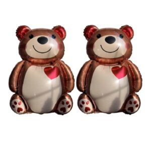 2pcs bear foil decoration balloon life-sized for birthday party, anniversary, gender reveal party gift for girls and boys easy inflating 26"x18", brown, red color.