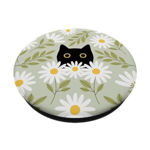 Cute Daisy Flower Floral Aesthetic Black Cat Sage Green PopSockets Swappable PopGrip