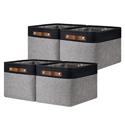 DULLEMELO Canvas Storage Bin with Handles, Fabric Bins for Shelves, Bedroom, Office,Nursery,Fabric Storage Baskets for Toys, Clothes,Gift(Black&Grey,15"x11"x9.5",4-Pack)