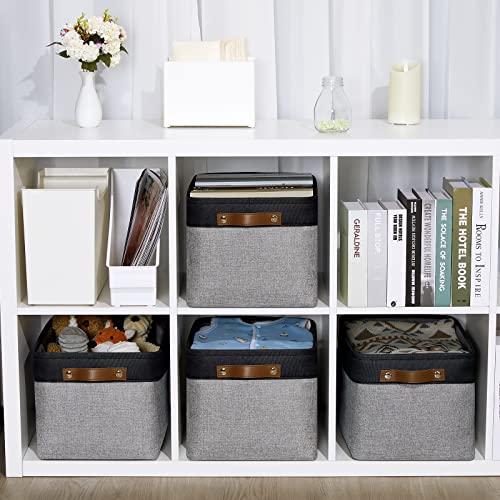 DULLEMELO Canvas Storage Bin with Handles, Fabric Bins for Shelves, Bedroom, Office,Nursery,Fabric Storage Baskets for Toys, Clothes,Gift(Black&Grey,15"x11"x9.5",4-Pack)