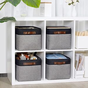 DULLEMELO Canvas Storage Bin with Handles, Fabric Bins for Shelves, Bedroom, Office,Nursery,Fabric Storage Baskets for Toys, Clothes,Gift(Black&Grey,15"x11"x9.5",4-Pack)