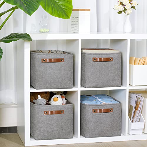 DULLEMELO Linen Closet Organizers and Storage Baskets for Office, Bedroom, Cloth, Baskets for Organizing and Storage with handles for Shelves,Closet,Gift,Toys(Grey,15"x11"x9.5",4-Pack)