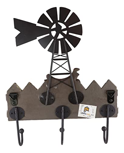 Ebros Gift Rustic Western Agricultural Windmill with Cowboy Barn Horseshoes and Saddle 3 Peg Hook Coat Key Hat Leash Backpack Wall Hanging Hooks Country Farm Decorative Organizer