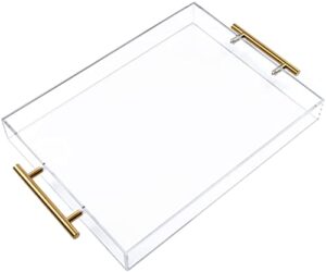 12"x16" clear acrylic serving tray with golden handles, huge capacity sturdy acrylic tray for coffee, juice, kitchen and desk organizer, storage tray (12"x16")