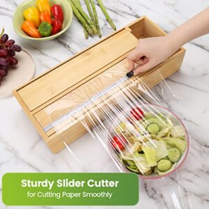 Soligt 2 in 1 Foil and Plastic Wrap Organizer | Aluminum Foil Dispenser with Serrated Edge | Plastic Wrap Dispenser with Cutter | Bamboo Kitchen Drawer Organizer Fit Parchment, Wax Paper