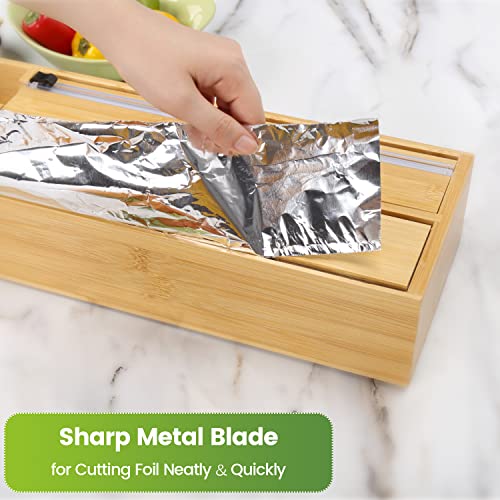 Soligt 2 in 1 Foil and Plastic Wrap Organizer | Aluminum Foil Dispenser with Serrated Edge | Plastic Wrap Dispenser with Cutter | Bamboo Kitchen Drawer Organizer Fit Parchment, Wax Paper