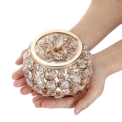 Hipiwe Crystal Jewelry Box with Glass Lid Small Trinket Organizer Mirrored Treasure Box Ring Holder Earrings Necklace Storage Box Keepsake Gift Box for Home Dresser Decor, Gold