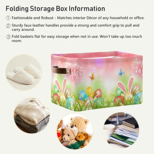 Foldable Storage Basket, Cube Organizer Bins Happy Easter Cube Bag Dual Handles for Closet Shelf