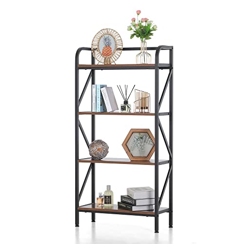 MAISON ARTS 4 Tier Bookshelf, 47" Free Standing Bookcase, Modern Metal Frame Book Shelf for Living Room Home Office, Rustic Brown