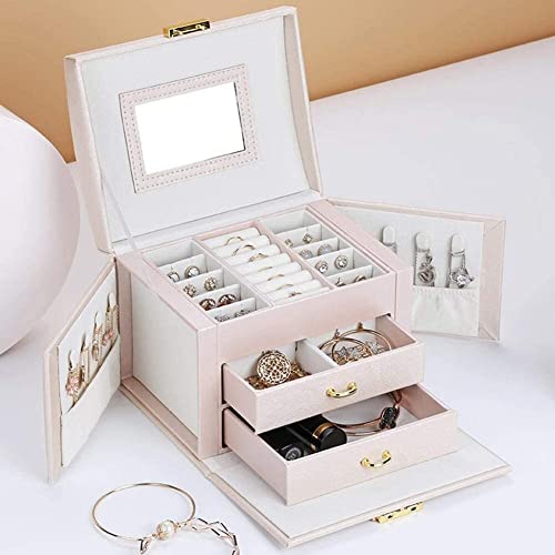 ZZYINH AN207 Three-Tier Storage Jewelry Box with Mirror Portable Silk Thread Storage Box Stud Earrings Ring Jewelry Box Small Jewelry (Color : Pink)
