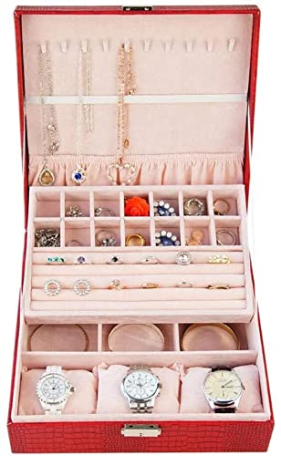 ZZYINH AN207 PU Exquisite Leather Jewlery Box Watch Box with Lock Packaging Jewlery Boxes Earrings Rings Bracelet Display Holder Case Small Jewelry (Color : Red)