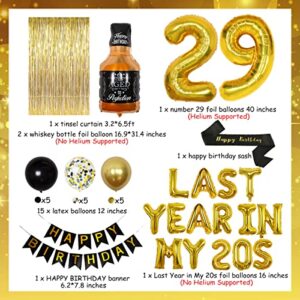 29th Birthday Decorations for Men Women, Gold Last Year In My 20s Banner, Cheers to 29 Years Old Birthday Decor with Whiskey Balloon, Number 29 Foil Balloons, Happy Birthday Sash