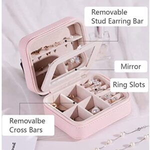 AN207 Jewelry Box with Mirror Zipper PU Leather Travel Earrings Ring Storage Case Necklace Bracelet Girl Gift Small Jewelry (Color : Pink)