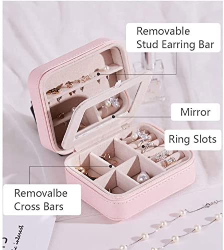 AN207 Jewelry Box with Mirror Zipper PU Leather Travel Earrings Ring Storage Case Necklace Bracelet Girl Gift Small Jewelry (Color : Pink)