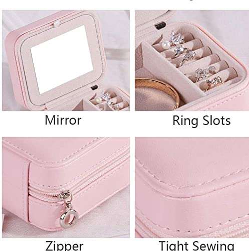 AN207 Jewelry Box with Mirror Zipper PU Leather Travel Earrings Ring Storage Case Necklace Bracelet Girl Gift Small Jewelry (Color : Pink)