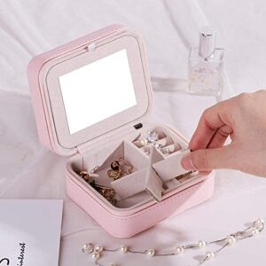 AN207 Jewelry Box with Mirror Zipper PU Leather Travel Earrings Ring Storage Case Necklace Bracelet Girl Gift Small Jewelry (Color : Pink)